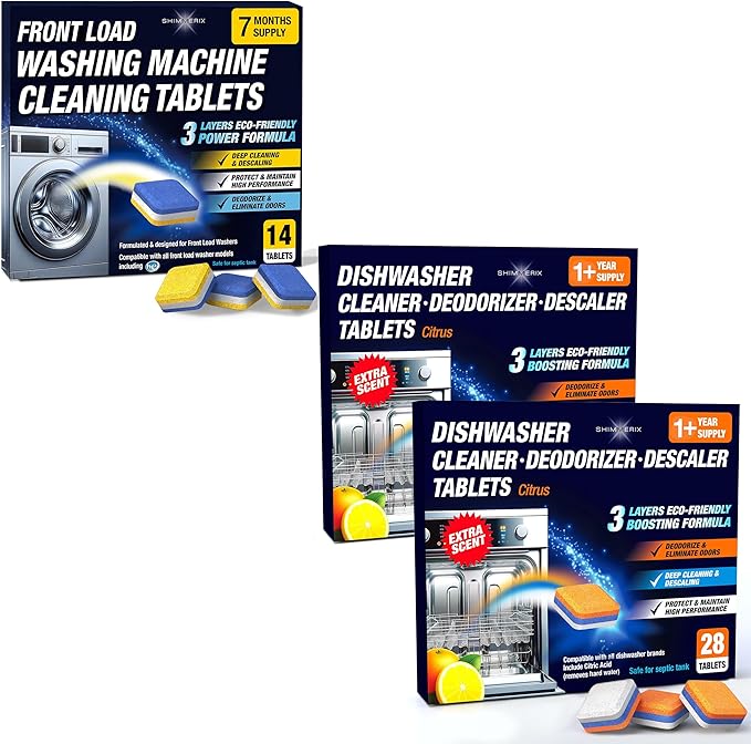 Washing Machine Cleaner Tablets Front Load 28 Pack & Dishwasher Cleaner Deodorizer Descaler Tablets 56 Pack Bundle - 1 Plus Year Supply - Septic Safe Eco Friendly Formula