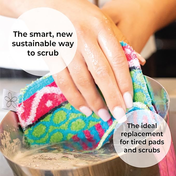Skoy Scrub, 2-pack Reusable, Non-Scratching Dish Scrubber for Kitchen and Household Cleaning, Planet-Friendly, Dishwasher Safe Soft Scrub, Assorted Colors and Designs