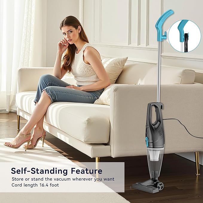 Corded Vacuum Cleaner, 4-in-1 Vacuum Cleaners for Home 15Kpa Power Suction Lightweight Corded Stick Vacuum with HEPA Filter Converts to Small Handheld Vacuum for Home, Pet Hair, Carpet, Hard Floors