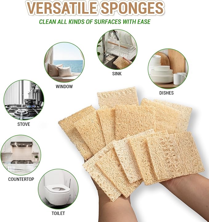 Natural Loofah Dual-Sided Scouring Pads, Plant-Based Non-Scratch Scrubbers for Kitchen Cleaning, Dishwashing, Household Use, 12 Count