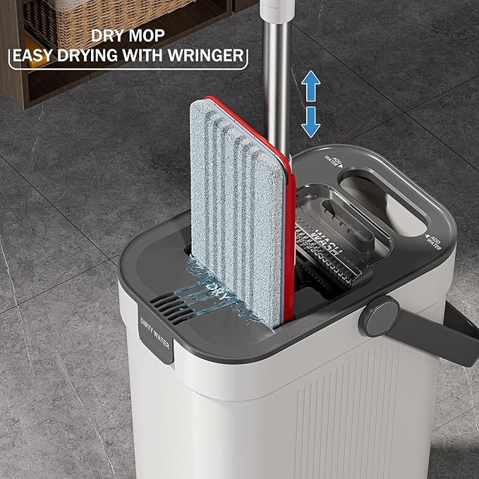 HoMettler Mop and Bucket Set, Flat Mop and Bucket System with Separate Dirty and Clean Water, 3-Compartment Wall Cleaner Mop, Flat Mops for Floor Cleaning with 8 Microfiber Pads