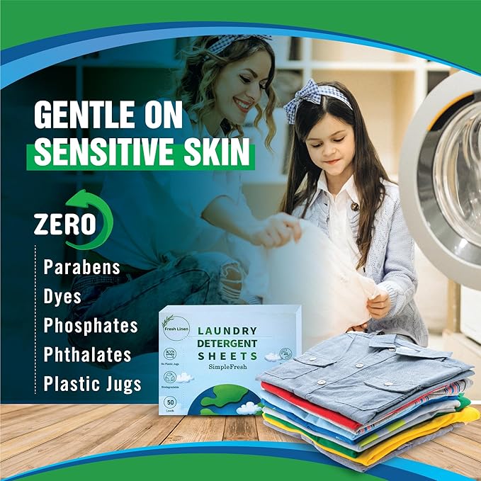 25 Laundry sheets 50 loads | Fresh Linen scent - Laundry Detergent Sheets, Eco-Friendly, Plant-Based, Hypoallergenic, No Plastic Jug Kindly (Fresh Linen)