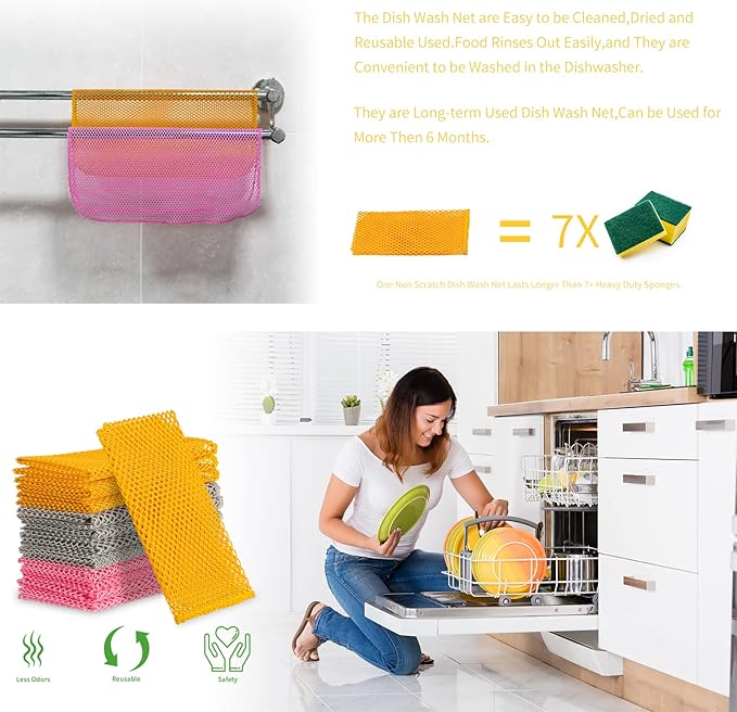 6Pcs Dish Wash Net,Innovative Mesh Cloth,Ultra Non-Scratch Dish Rags for Washing Dishes,100% No Odor/Quick Dry,Perfect Scrubber,Dish Sponges for Washing Dishes Yellow/Pink/Gray