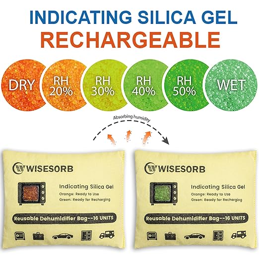 Rechargeable Gun Safe Dehumidifier, 4 Packs 16U Indicating Desiccant Packs with Transparent Window for Storage Reusable Silica Gel Packets Moisture Absorbers Safe Dehumidifier