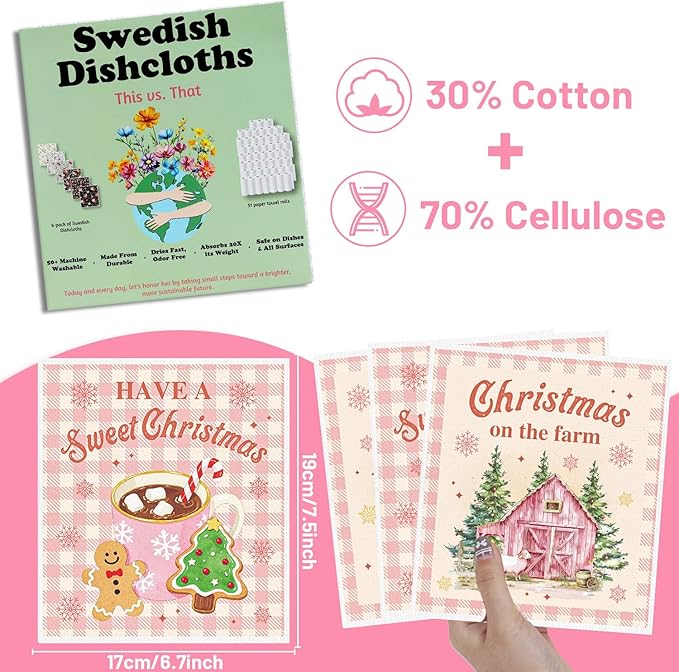 Pink Christmas Swedish Dishcloths for Kitchen, 6 Pack Snowman Truck Reusable Dish Paper Towels Housewarming Gifts, Xmas Absorbent Dish Rags for Home Cleaning