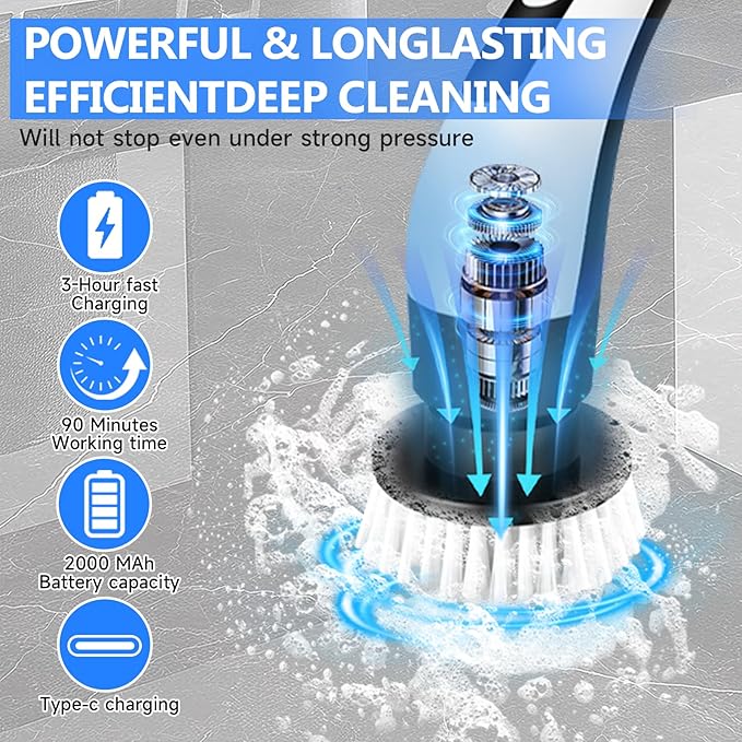 8 - in - 1 Electric Spin Scrubber, Cordless Cleaning & Shower Scrubber with Adjustable Handle, IPX7 Waterproof for Bathroom, Tile, Car, Kitchen, Floor, Tub | 8 Brush Heads, Powerful Horsepower
