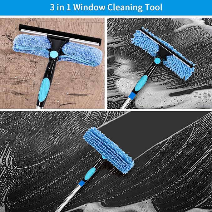 PHABULS Window Washing Kit with Extension Pole, 73’’ Window Cleaning Squeegee Kit, 3 in 1 Window Cleaning Kit with 2 Microfiber Pads & 2 Chenille Pads for Indoor Outdoor Windows