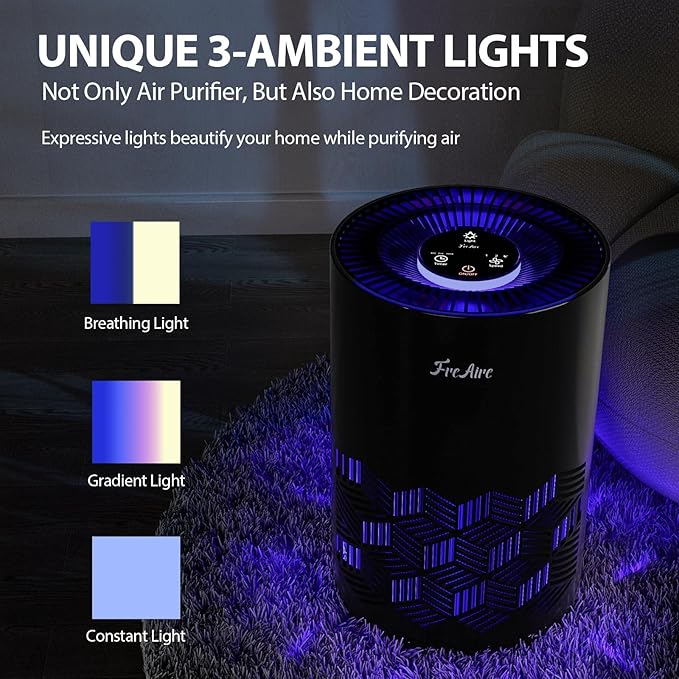 FreAire Air Purifiers for Bedroom Covers Up to 1086 Ft², Air Purifiers for Home, HEPA Air Purifier with Lights, Air Purifier Removes Dust Smoke Pollen Dander Smell, for Home/Pets/Bedroom (Black)