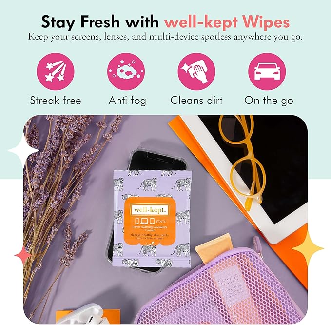 Well-Kept Tech & Lens Wipes - Eyeglass, Screen & Phone Cleaning, Multi-Surface, Lint-Free, Pre Moistened, Streak-Free & Non Scratching - Tiger Pose, 6 Pack (90 Count)