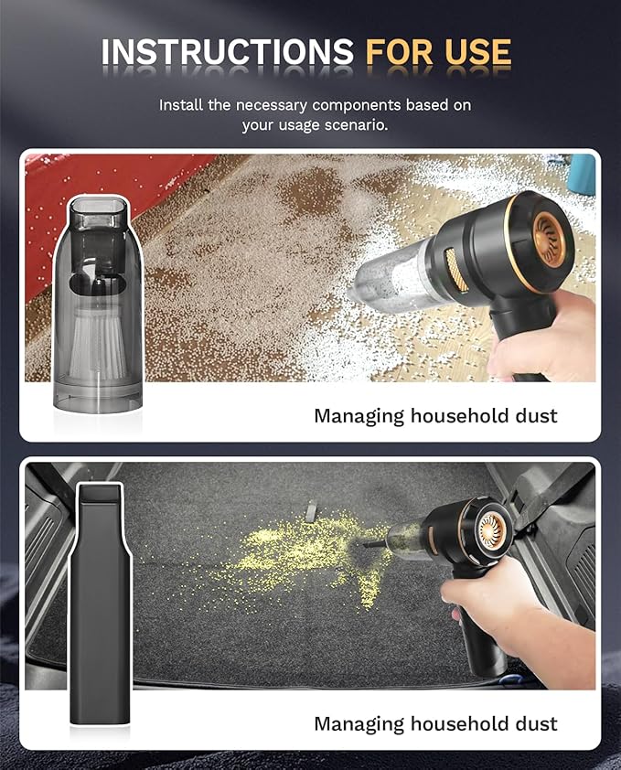 Baiwade Foldable Cordless Handheld Car Vacuum Cleaner, 15000PA High Power 2-in-1 Mini Vacuum Duster & Inflator, with 3-Speed Brushless Motor for Car Care, Home, Office, Pet