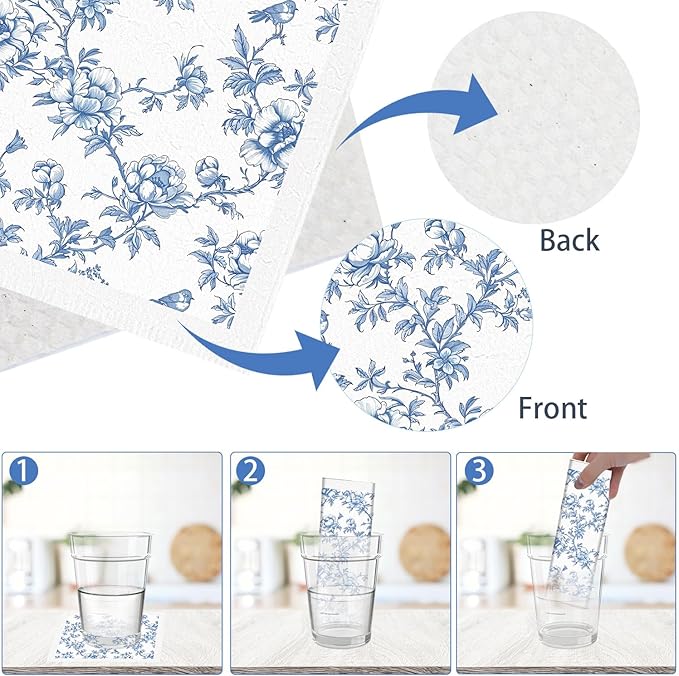 Blue Floral Swedish Dishcloths for Kitchen - 6PCS Blue Whihe Floral Swedish Cloths for Washing Dishes Reusable Flower Dish Towels Washable Cleaning Sponge for Home Party Fast Drying