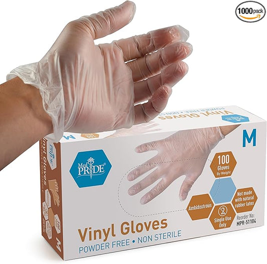Med PRIDE Vinyl Gloves| Medium Case of 1000| 4.3 mil Thick, Powder-Free, Non-Sterile, Heavy Duty Disposable Gloves| Professional Grade for Healthcare, Medical, Food Handling, and More
