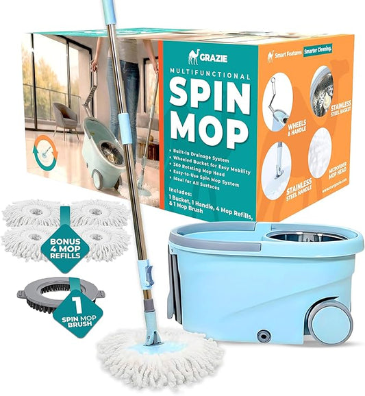 Grazie Spin Mop & Bucket Set - 360° Self-Wringing System with Wheels, Stainless Steel Handle - Hands-Free Floor Cleaning for Hardwood, Tile, Laminate - Includes 4 Washable Microfiber Mop Head Refills