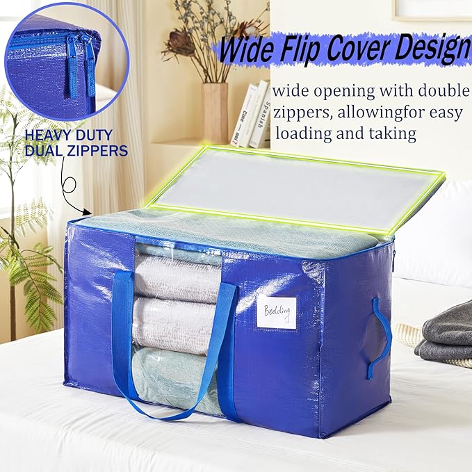 Extra Large Moving Bags, 4 Pack Heavy Duty Packing Bags for Moving, Totes For Storage with Visible Window and Wrap Around Handles, Moving Supplies for Space Saving