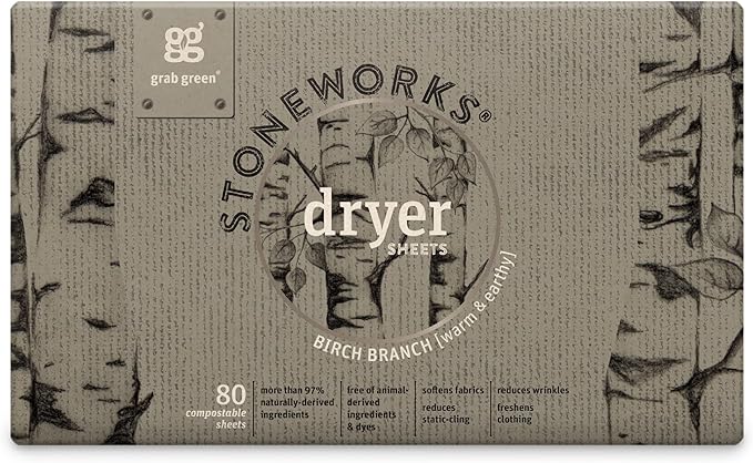 Grab Green Stoneworks Cruelty-Free Dryer Sheets | Softens Fabrics, Freshens Clothing & Reduces Static-Cling and Wrinkles | Plant Based | Birch Branch Scent (80 Sheets)