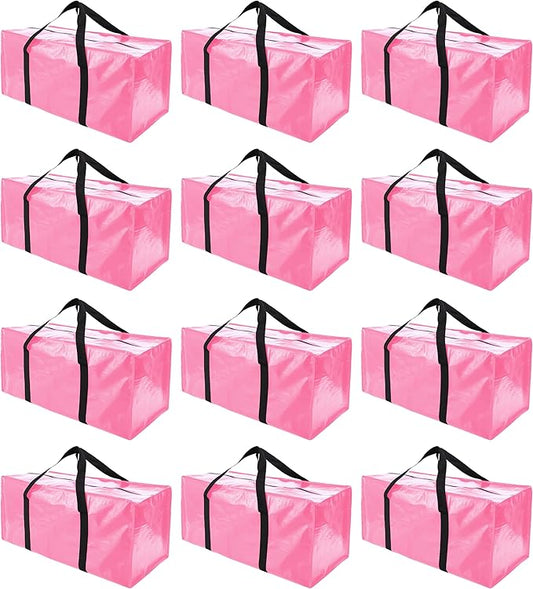 12 Pack Extra Large Moving Bags with Zippers & Carrying Handles, Heavy-Duty Storage Tote for Space Saving Moving Storage, Fold Flat, Alternative to Box and Bin,Pink