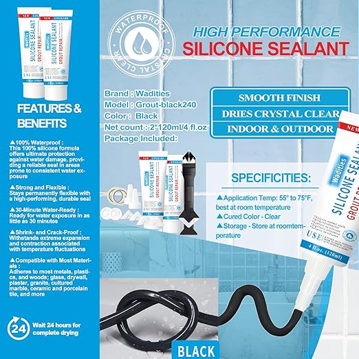 8Oz Black Waterproof Caulk & Seal Silicone Sealant, Wadities Tile Grout Repair Kit with Grout Remove Scraper, Shrink & Crack Proof for Bathroom, Shower, Kitchen, Floor (4Oz, Pack of 2)