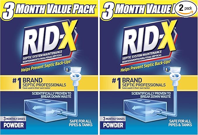 Rid-X Septic Tank Treatment Powder – 3 Month Supply, Dual Action Enzymes and Bacteria to Break Down Waste & Prevent Backups (Pack of 2)
