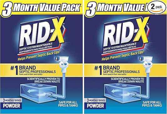 Rid-X Septic Tank Treatment Powder – 3 Month Supply, Dual Action Enzymes and Bacteria to Break Down Waste & Prevent Backups (Pack of 2)