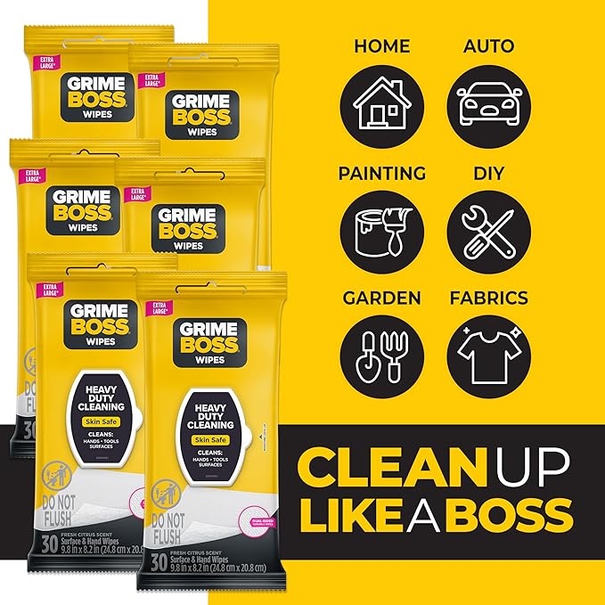 Grime Boss Heavy Duty Wipes (6 x 30ct) | Wet Wipes Used for Hands, Equipment, Tools, Garden, Automotive| Easily Removes Oil, Grease, & Dirt (Pack of 2)