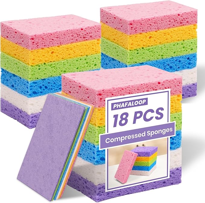 18 Pack Compressed Cellulose Sponges, 6 Color Assorted Kitchen Cleaning Sponges, Natural Wood Pulp, Scratch-Free, Durable & Reusable, Multipurpose Household & Dishwasher Safe