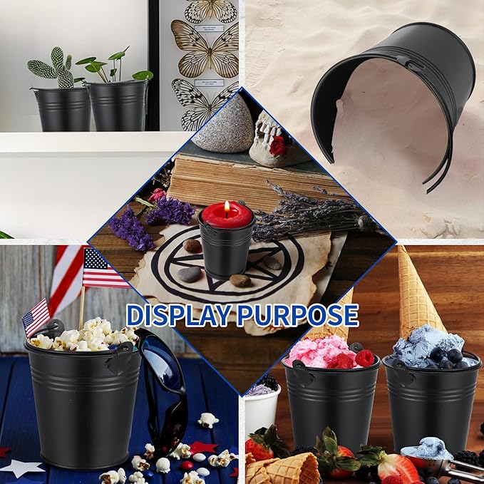 Mini Metal Buckets with Handles Galvanized Buckets 3.15 Inch Mini Container Pails for Metal Tin Plant Holder Pail for Wedding Decoration Party Favor(Black,28 Pcs)