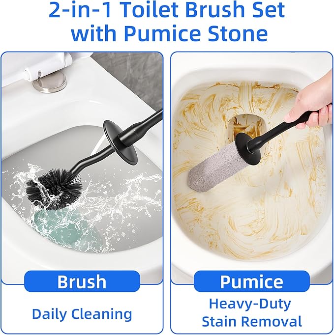LZLOOK Toilet Brush and Holder Set with Pumice Stone – Long Handle Toilet Bowl Brush, Anti-Splash Scrubber, Ventilated Drip-Free Base, Deep Cleaner for Hard Water Stains, Limescale, Toilet Rings