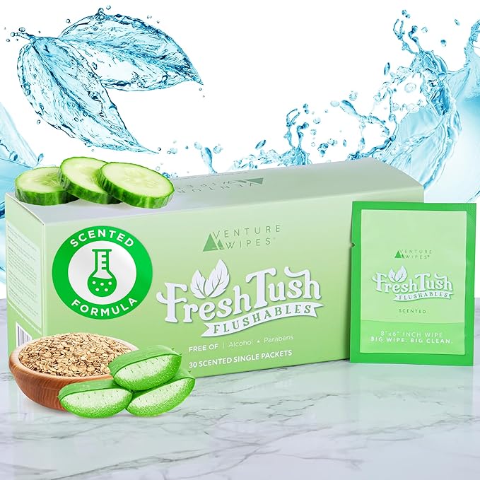 Venture Wipes FreshTush Flushables Scented - Premium Quality Personal Cleansing Wipes - Gentle on Sensitive Skin - Hygienic & Portable - Ideal for On-The-Go and Daily Use - 30 Count