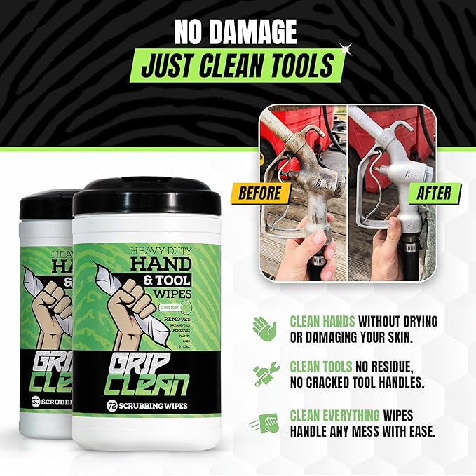Grip Clean Heavy Duty Hand & Tool Cleaning Wipes – Waterless Hand Cleaner for Mechanics, Garage & Shop Use – Dual-Sided Grease, Oil & Paint Remover Wipes with Citrus Scent - 72ct