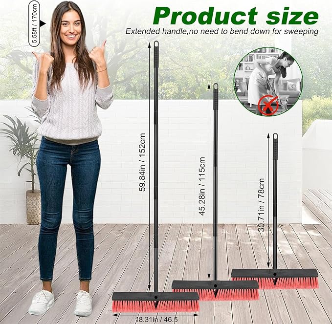 18 Inches Push Broom Outdoor- Heavy Duty Commercial Broom with 64.5" Long Handle and Stiff Bristles for Patio Garage Deck Concrete Wood Stone Tile Driveway Yard Warehouse Shop Floor Cleaning