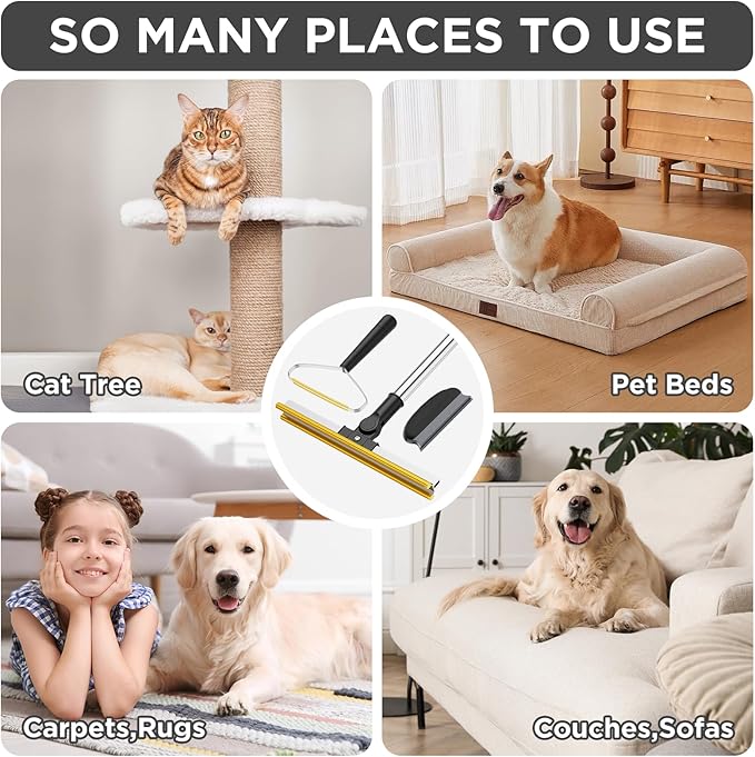 Bolfie 3 in 1 Carpet Rake for Pet Hair Removal, Tool Set of 3, 55” Long Handle Carpet Pet Hair Removal Carpet Scraper Dog Cat Hair Remover for Sofa, Couch, Car, Rug (Black)