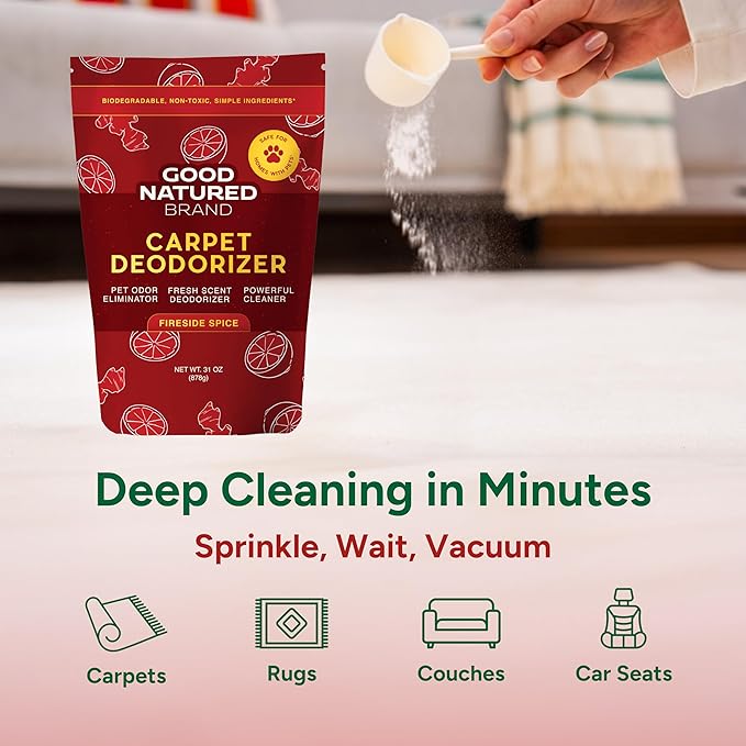 Good Natured Brand | Carpet Deodorizer & Freshener Powder | 31 oz Pet Odor Eliminator for Strong Odor & Pet Urine | Fresh Natural Fireside Spice Scent | Safe for Homes with Pets