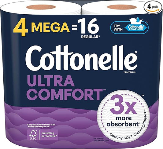 Cottonelle Ultra Comfort Soft Toilet Paper, 4 Mega Rolls = 16 Regular Rolls