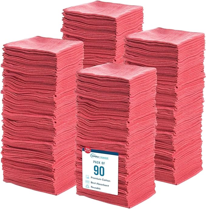 SIMPLI-MAGIC Cotton Shop Towels 14"x12" (90 Pack) – Reusable Cleaning Shop Rags for Automobiles, Industries, Garage and Homes (Red)