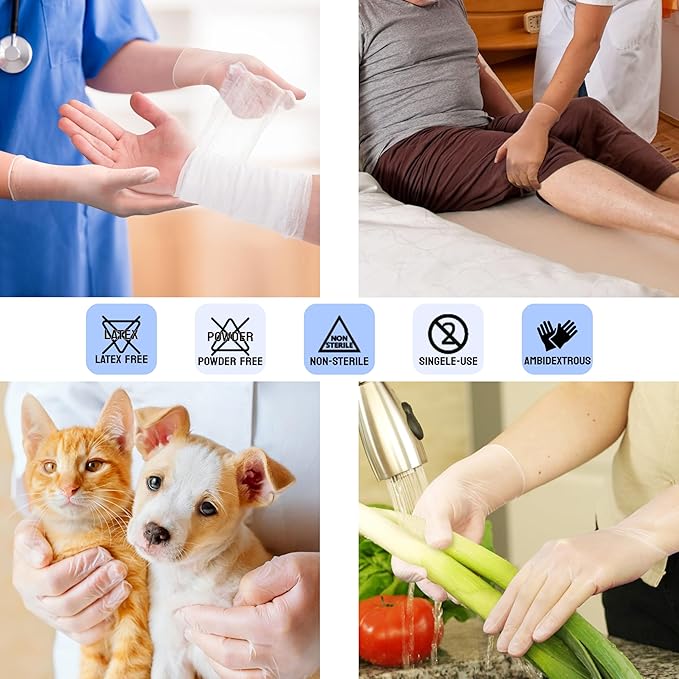 Safe Health Vinyl Exam Disposable Gloves, Free of Latex & Powder, Clear, 3.5 Mil, Medical Grade