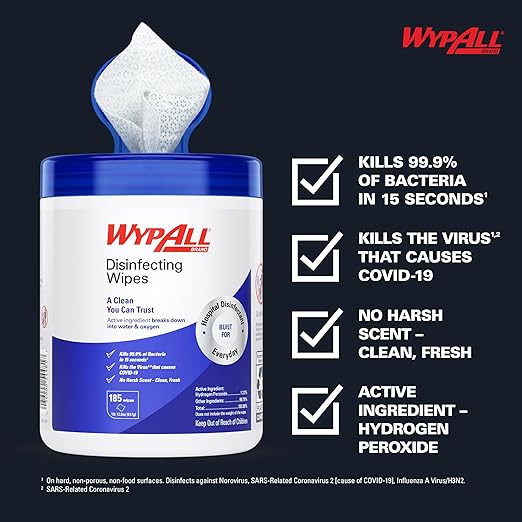 WypAll Disinfecting Wipes (54481), with Hydrogen Peroxide Disinfectant Cleaner for Commercial, Industrial & Healthcare, 5.75 x 7 inch Sheets, Fresh Scent (3 Canisters of 185 Sheets)