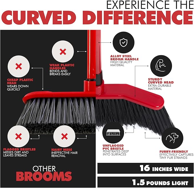 Da Vinci Curved Angle Broom & Dustpan Combo Pack (2) - Heavy Duty Broom for Indoor/Outdoor Sweeping, Steel Telescopic Handle, Durable PVC Bristles, Ideal for Pet Hair, Dust, Kitchen & Rough Surfaces