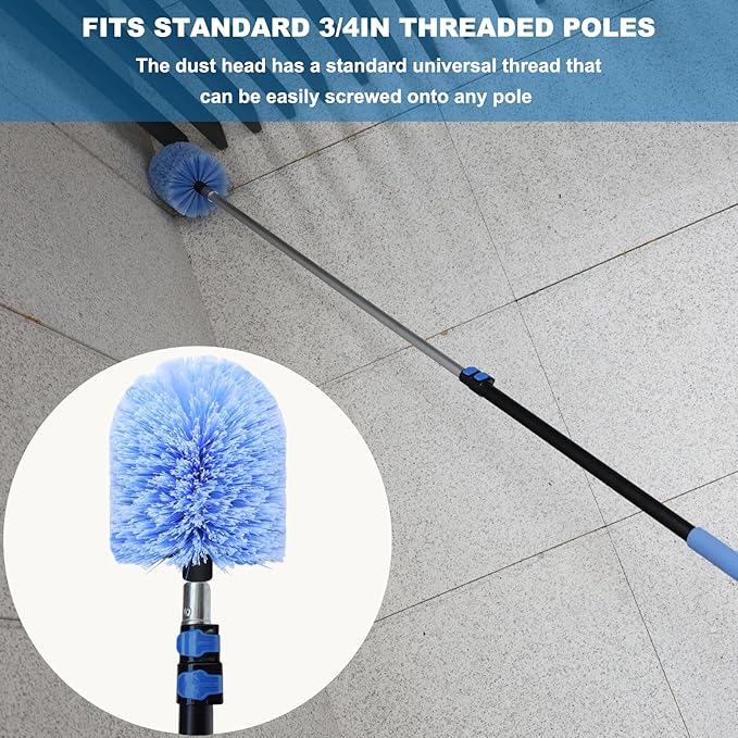 2 Pack Twist-On Cobweb Duster Head, Fits Standard 3/4 inch Threaded Poles, Spider Web Duster Brush for Outdoor & Indoor Cleaning (Blue)
