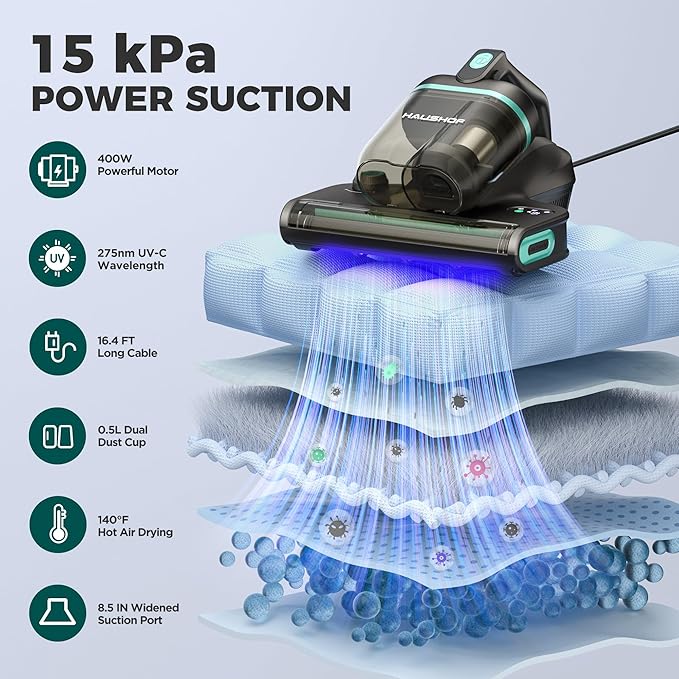 HAUSHOF Mattress Vacuum Cleaner, 15Kpa Bed Vacuum Cleaner with 275nm UV-C Light, 140°F Heat, Aromatherapy, HEPA Filter, Dual Dust Cups, Versatile Handheld Vacuums for Bed, Sofa, Couch, Crib
