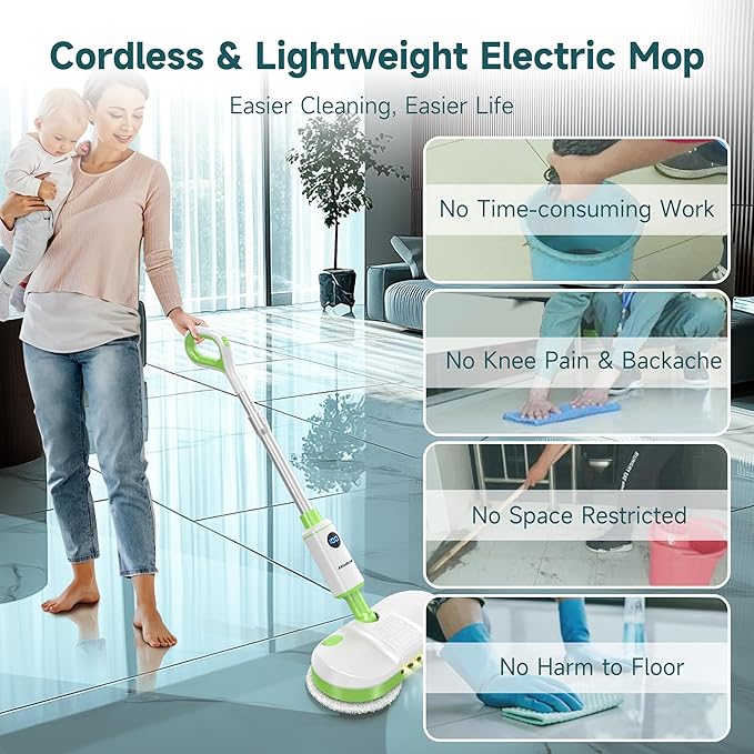 AlfaBot Cordless Electric Mop for Floor Cleaning, Dual Spin Mop with LED Headlight /Water Spray/Self-Propelled,Clean up to 2700 ft²,Rechargeable Electric Mops with Big Water Tank for Multi Floors
