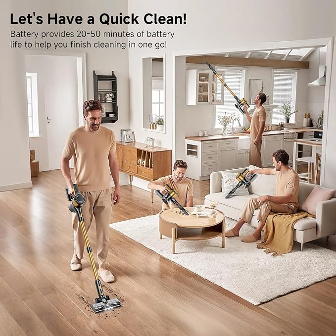 Vaconly Cordless Vacuum Cleaner, 8 in 1 40Kpa 55Mins,Lightweight Vacuum Cleaners for Home, Stick Vacuum with Anti-Tangle Brush,Wall Mount, Rechargeable Cordless Vacuum for Floor/Sofa/Pet Hair,Gold