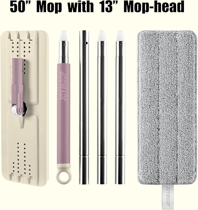 JOYMOOP Flat Mop, Microfiber Mops for Floor Cleaning and Wall Cleaner, 50" Mops with 13" Flat Head with a Microfiber Mop Pad - Beige & Blush Brown