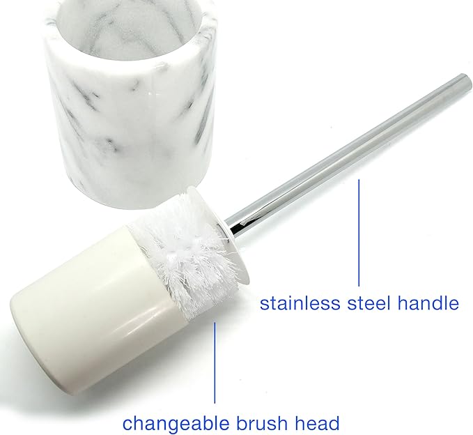 Creative Home Natural Marble Toilet Ball Brush and Holder Set with Silicone Cover Compact Storage Scrubbing Brush for Bathroom Cleaning, 4.3" Diam. x 14.5" H, Off-White