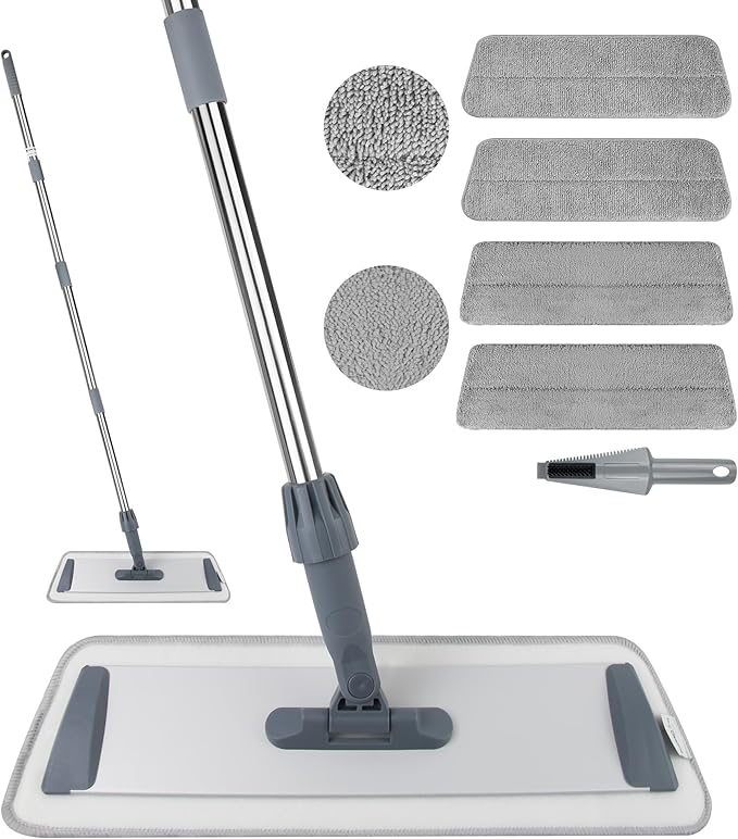 Microfiber Flat Mops for Floor Cleaning, Wet Dry and Dust Mop with 4 Reusable Washable Pads, Bathroom Kitchen Mop with Long Stainless Steel Handle for Laminate Hardwood Wooden Wall Vinyl Tile