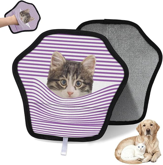Personalized Pet Hair Remover Glove for Dogs & Cats - Custom Photo & Name Magic Brush for Dog Cat Hair Removal, Reusable Electrostatic Pet Hair Gloves for Furniture Carpet Couch, Purple Stripe