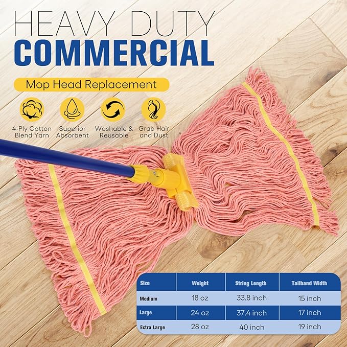 Matthew Cleaning Commercial Mop Head Replacement, 5 Inch Wide Headband, Looped End Cotton Blend String Wet Mops for Floor Cleaning, 18 oz Medium, 3-Pack Orange