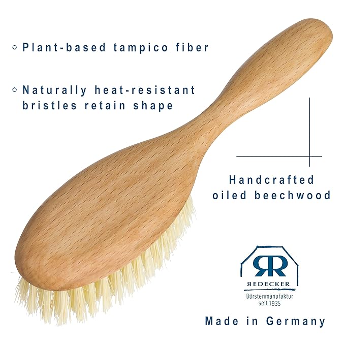 REDECKER Tampico Fiber Hairbrush with Oiled Beechwood Handle, 8 inches - Natural Bristle Hair Brush Vegan - Natural Fiber Hair Brush - Wooden Hairbrush Soft Bristles - Tampico Bristle HairBrush
