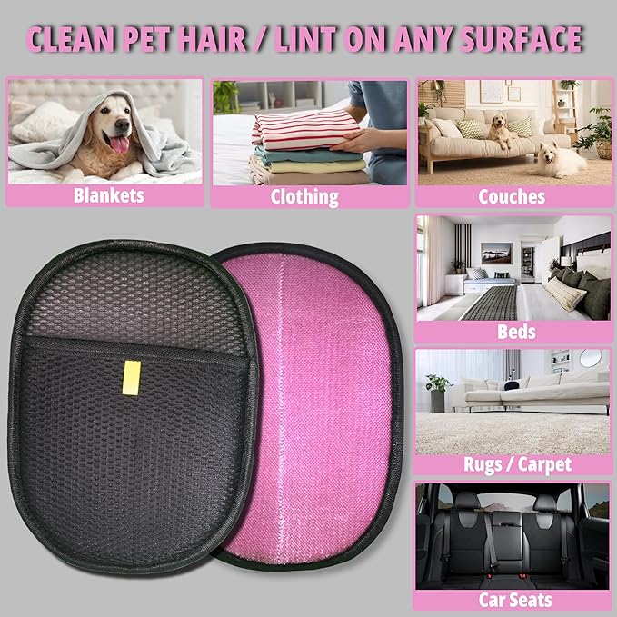 Pet Hair Removal Glove for Cats & Dogs - Reusable Electrostatic Pet Hair Remover Tool for Furniture, Couch, Carpet, Clothing & Car Seats - Pink and Black