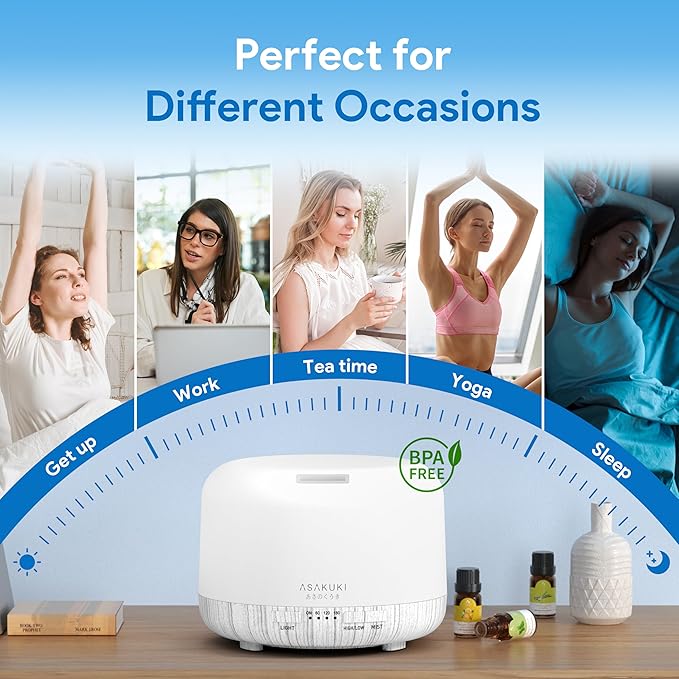 ASAKUKI 500ml Premium Essential Oil Diffuser with Remote Control, 5 in 1 Ultrasonic Aromatherapy Fragrant Oil Humidifier Vaporizer, Timer and Auto-Off Switch (White)