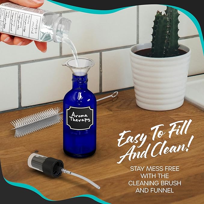 Nevlers Blue Glass Spray Bottles 4 Oz 24 Pack | Small Spray Bottles Mist Sprayer Set w/Shrink Wrap, Funnel, Brush, Marker & Labels | Dark Blue Glass Bottle for Use as Travel Size Perfume Refill Bottle